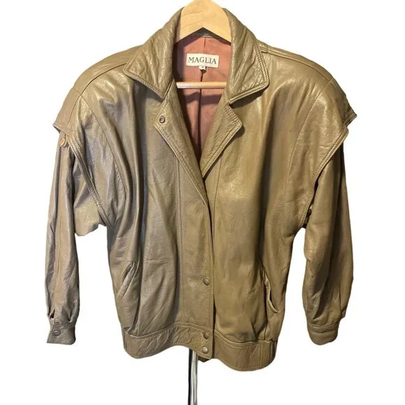 Vintage Maglia Tan Leather Snap Front Bomber Jacket SZ 8 - Picture 1 of 6